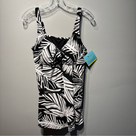 Bal Harbour Swimdress Black/White Tummy Control Bow Front Hip Minimizer Women 16 - Picture 1 of 12